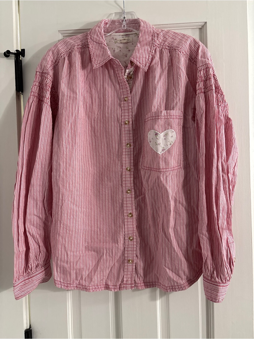 Pilcro Pink Stripe Cotton Floral Heart Pocket Button Down Shirt - Extra Small